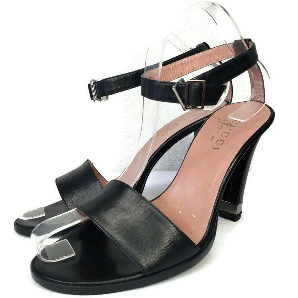 GUCCI Size 7.5 Black Leather Ankle Strap Heel Logo Plate Open Toe Sandals Shoes